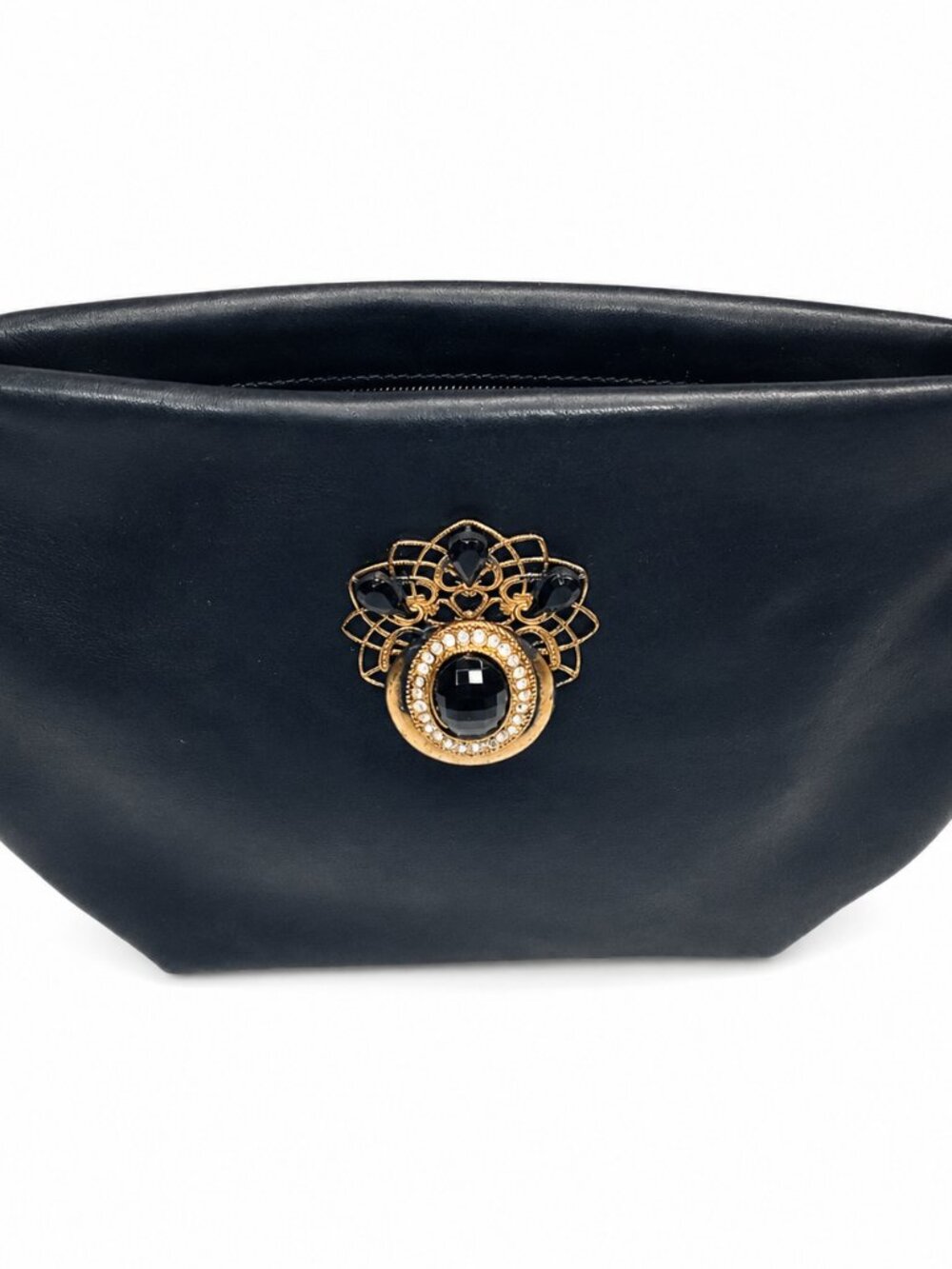Il Punto Rossa Vintage Black Leather Handbag with Ornate Gold & Onyx Detail